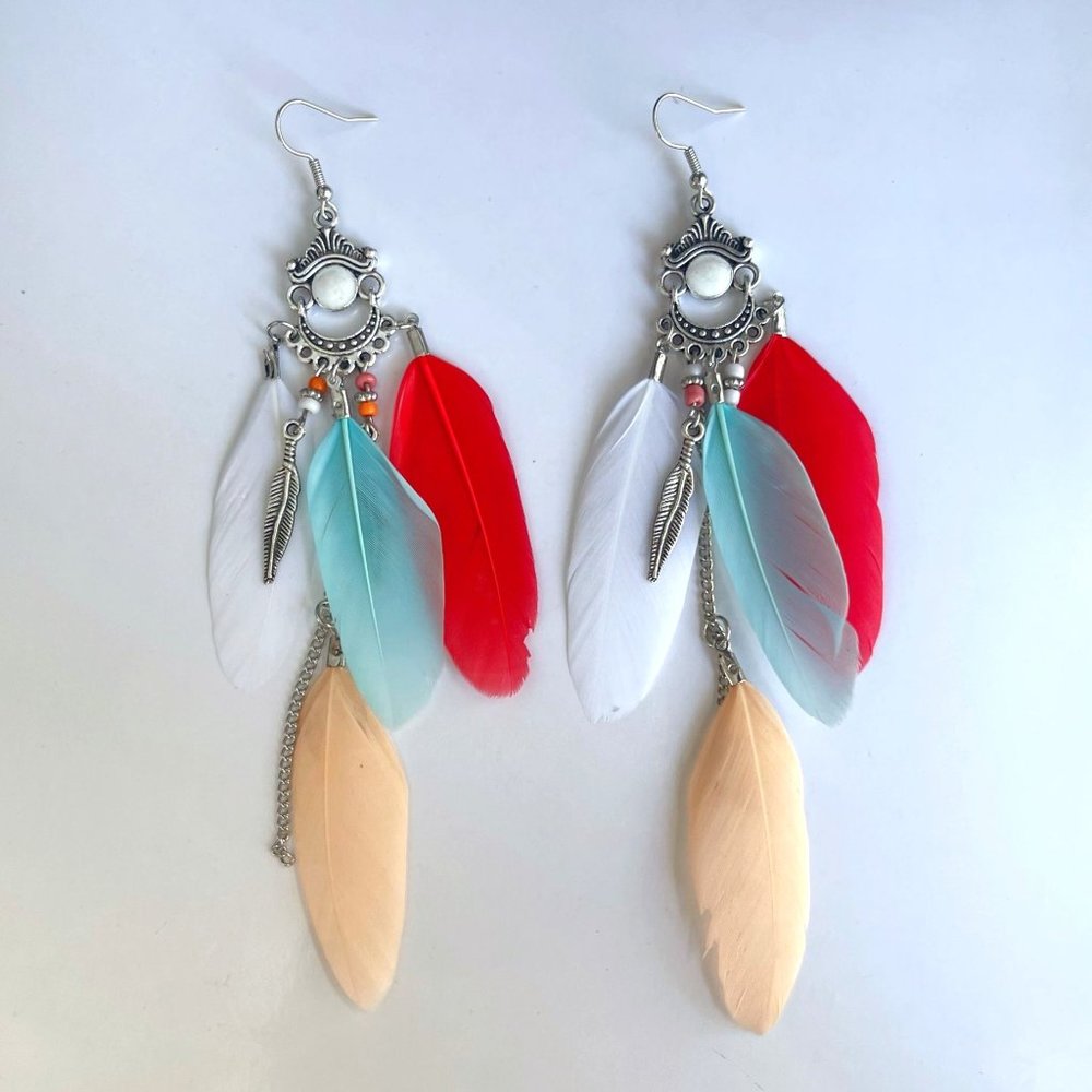 *50% OFF! Bohemian feather dangle earrings silver coral beaded feathers
